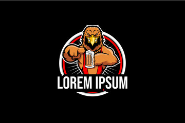 Eagle with beer cartoon character badge logo vector template
