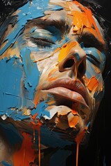 Male face, abstract portrait. Smeared with thick blue and orange acrylic or oil paint.