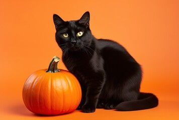 Black cat sitting next to pumpkin on orange background. Halloween Theme.