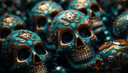 Dia de los Muertos day of the dead sugar skulls. 3D rendered.
