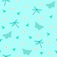 Ditsy butterfly and dragonfly seamless pattern. green floral print with polka dots background. good for fabric, fashion design, textile, dress, wallpaper, backdrop, pajama.