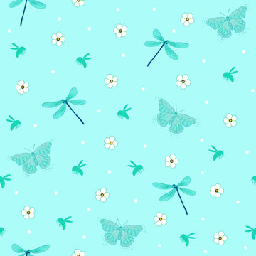 Ditsy butterfly and dragonfly seamless pattern. green floral print with polka dots background. good for fabric, fashion design, textile, dress, wallpaper, backdrop, pajama.