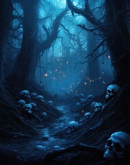 Spooky forest in the woods with skulls illustration