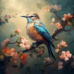 Obraz premium Bird on a branch with flowers in the background generative ai