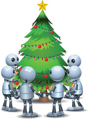 3D illustration of a little robot circular group surrounding Christmas tree on isolated white background