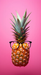 Cheerful fashionable stylish pineapple with sunglasses on pink background