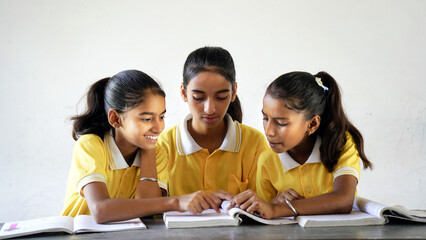 Indian schoolgirl sitting at desk in classroom, group of school kids with notebooks writing test, Education concept.