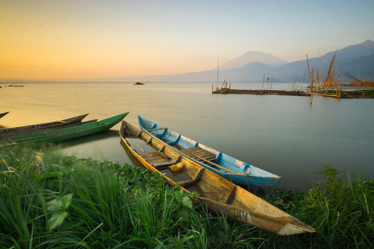 beautifull sunrise or sunset lanscape view of rawa pening lake icon of banyubiru semarang city central java indonesia