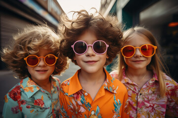 Selfie of a group fashionable modern children friends in bright clothes