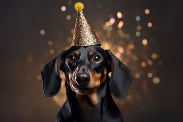 Dachshund dog wearing New Year's Eve party celebration hat - obrazy, fototapety, plakaty