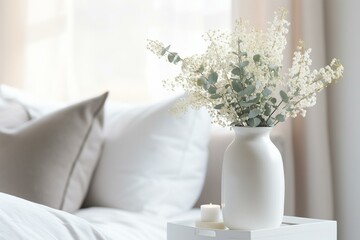 Vase with eucalyptus and gypsophila in a white bedroom. Generative AI