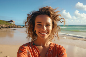 Young beautiful smiling woman taking selfie on tropical beach - obrazy, fototapety, plakaty