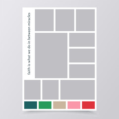 Collage template. Moodboard grid. Mood board banner. Pictures album layout. Montage photo images. Mosaic photomontage frames. Vertical mockup with colour palette and quote. Vector illustration