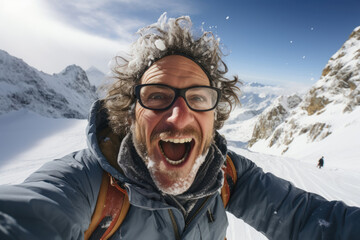 Fototapeta na wymiar Smiling man hiker tourist taking selfie on winter snow mountain
