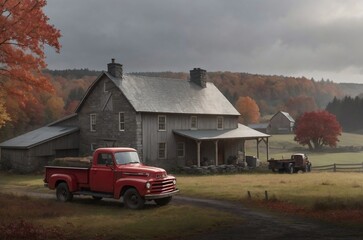 Farmhouse transport with red truck