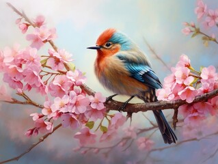 Bird on a branch with flowers in the background generative ai