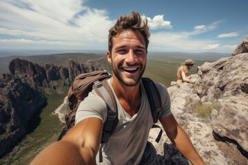 Naklejka premium Young hiker smiling man taking selfie on the top of mountain