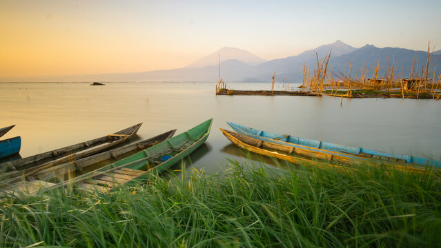 beautifull sunrise or sunset lanscape view of rawa pening lake icon of banyubiru semarang city central java indonesia