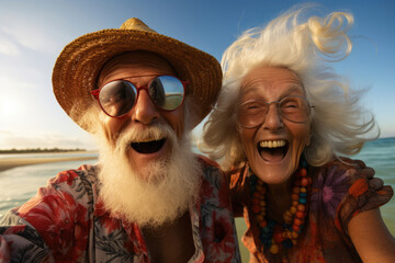 Happy senior couple selfie, cheerful pensioners on the seashore - obrazy, fototapety, plakaty
