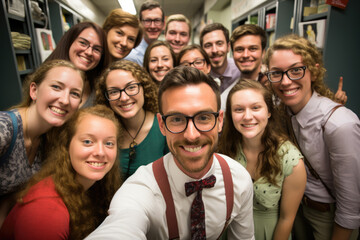 Selfie of teacher with college or high school students - obrazy, fototapety, plakaty