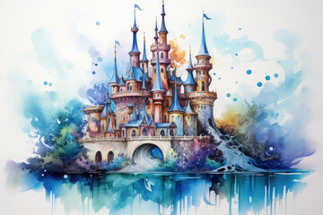 Fairy palace, castle in watercolor style