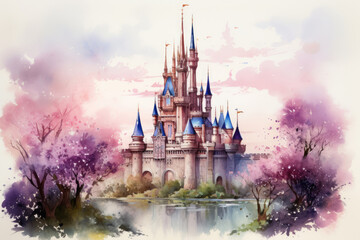 Fairy kingdom, castle in watercolor style