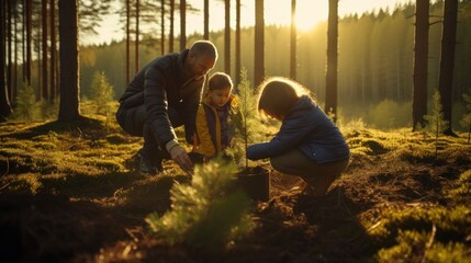A family plants trees together in a quiet forest. There was orange sunlight shining on it. wide angle lens natural lighting