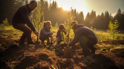 A family plants trees together in a quiet forest. There was orange sunlight shining on it. wide angle lens natural lighting - obrazy, fototapety, plakaty