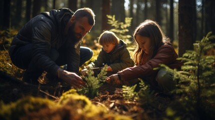 A family plants trees together in a quiet forest. There was orange sunlight shining on it. wide angle lens natural lighting
