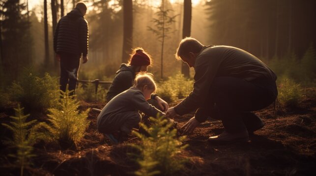 A family plants trees together in a quiet forest. There was orange sunlight shining on it. wide angle lens natural lighting
