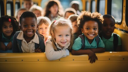 A group of smiling kindergarten students look at the camera preparing to go on a field trip with a bus in the background.