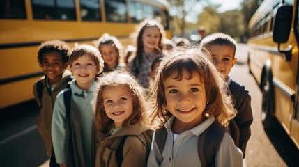A group of smiling kindergarten students look at the camera preparing to go on a field trip with a bus in the background.