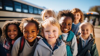 A group of smiling kindergarten students look at the camera preparing to go on a field trip with a bus in the background.