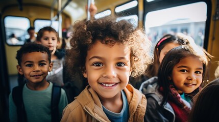 A group of smiling kindergarten students look at the camera preparing to go on a field trip with a bus in the background. - obrazy, fototapety, plakaty