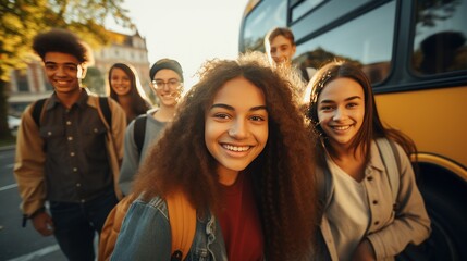 Fototapeta premium Group of smiling students looking at camera preparing to go on a college field trip with bus in the ground