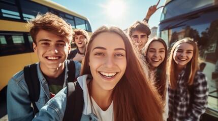 Group of smiling students looking at camera preparing to go on a college field trip with bus in the ground