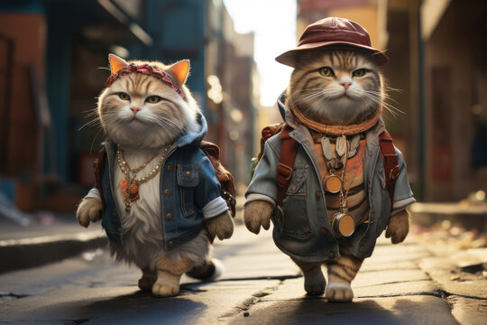 Funny cats dressed in stylish clothes, animal hipsters