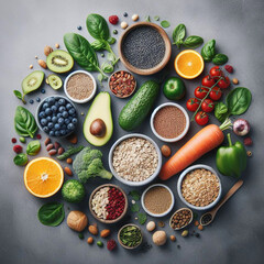 Healthy food fruit, vegetable, seeds, superfood, cereal, leaf vegetable on gray concrete background