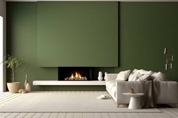 Contemporary living room featuring a fireplace, in olive green and white tones, with a mock up design. Generative AI