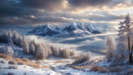 A beautiful winter landscape at Christmas with a small cosy hut and a pathway created , A winter scene with a river and snowy trees.