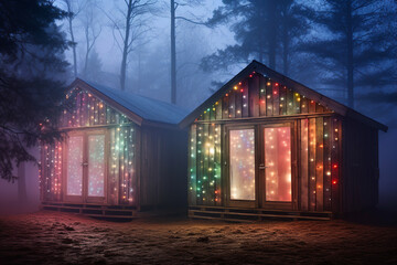 Stylish rustic cozy farmhouse against a forest night landscape, decorated with Christmas lights. Merry Christmas. Happy holidays