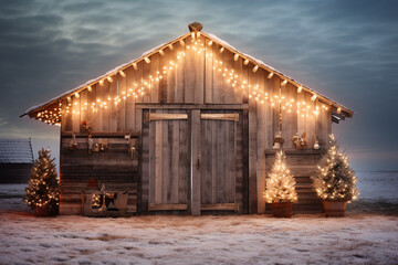 Stylish rustic cozy farmhouse against a night landscape, decorated with Christmas lights. Merry Christmas. Happy holidays