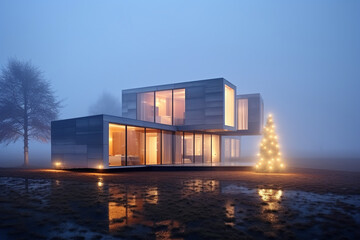 Fototapeta premium A stylish modern minimalist house against the background of a winter natural landscape, decorated with Christmas lights. Merry Christmas. Happy holidays