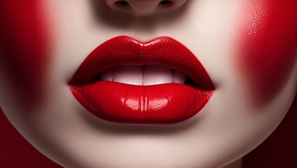 Los labios de una mujer, pintados de un tono rojo profundo - obrazy, fototapety, plakaty
