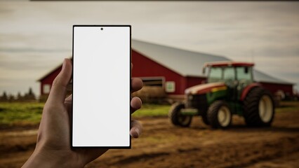 CU Male farmer checking his phone near the farm, blank screen phone mockup