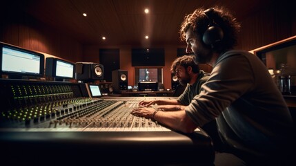 Audio engineer and producer work together at a mixing board in a boutique recording studio.