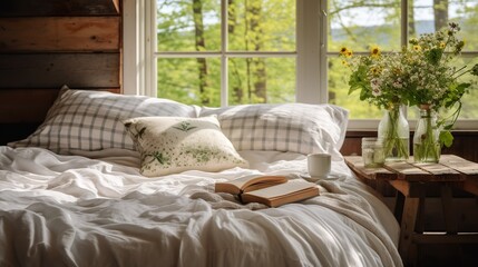 a bed with white bedding and a wooden table next to it