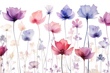 Fleurs de style aquarelle &agrave; longue tige en dentelle, motif sans couture isol&eacute; sur fond blanc, vecteur, style pinceau aquarelle. IA g&eacute;n&eacute;rative, IA