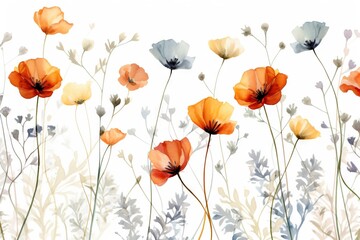 Fleurs de style aquarelle à longue tige en dentelle, motif sans couture isolé sur fond blanc, vecteur, style pinceau aquarelle. IA générative, IA