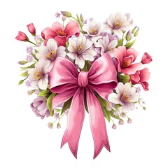 Flower arrangement with a bow isolated on a white background.